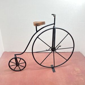 Vtg Style 12" Penny Farthing Bicycle Metal Sculpture Wooden Seat Freestanding